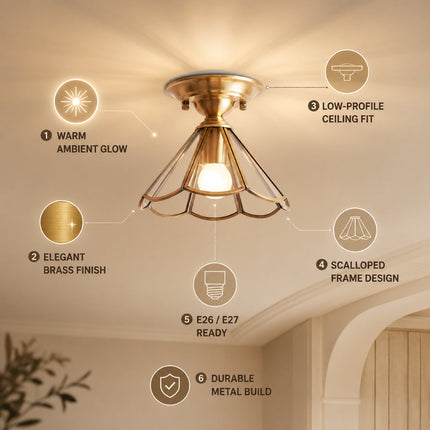 Single-Bulb Semi-Flush Mount Light in Brass | Minimalist Metal Design for Colonial Style Décor