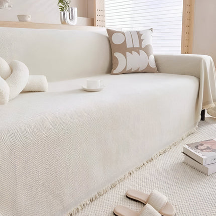 Textured Sofa Cover with Tassel Edge | Minimalist Style Furniture Protector for Quick Room Refresh