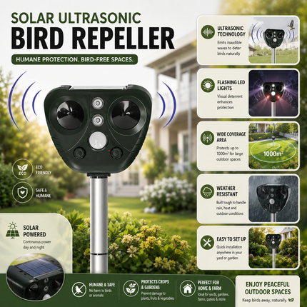 Ultrasonic Bird Repeller with Solar Power & LED Lights | Eco-Friendly Pest Control for Gardens and Outdoor Spaces
