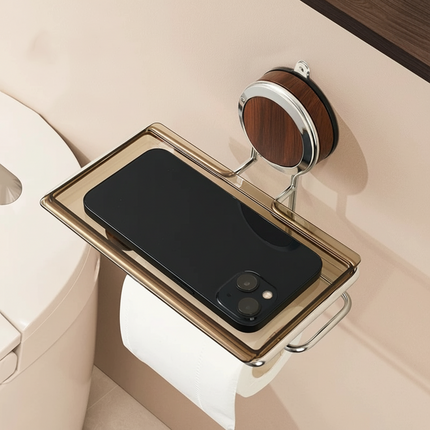 Self-Adhesive Toilet Paper Holder with Modern Wood Grain Design | Drill-Free Installation for Easy Bathroom Organization