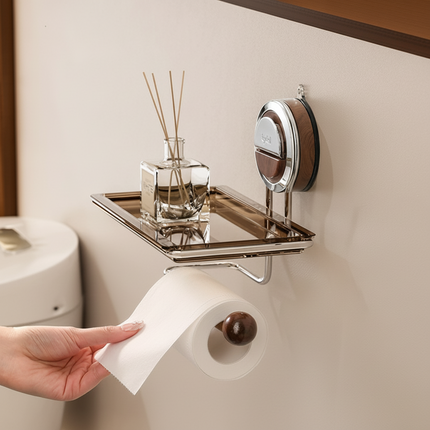 Self-Adhesive Toilet Paper Holder with Modern Wood Grain Design | Drill-Free Installation for Easy Bathroom Organization