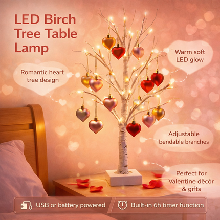 LED Birch Tree Table Lamp with Heart Ornaments | USB & Battery Powered Romantic Home Decor for Valentine’s Day