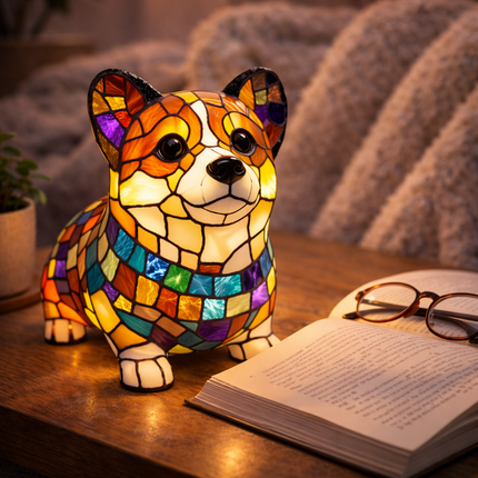 LED Dog Table Lamp with Colorful Stained Glass Design | Cozy Night Light for Bedrooms and Nurseries