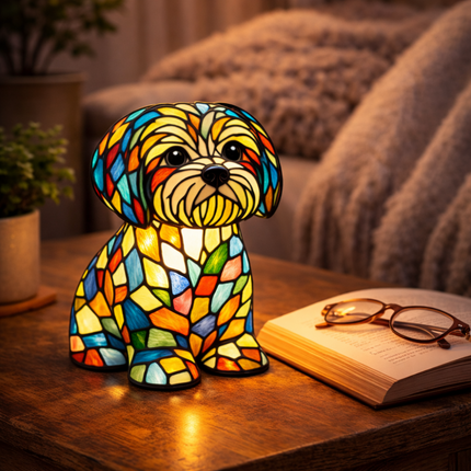 Dog Table Lamp with Colorful Stained Glass Design | Soft LED Night Light for Bedroom and Nursery