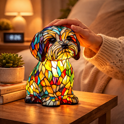 Dog Table Lamp with Colorful Stained Glass Design | Soft LED Night Light for Bedroom and Nursery