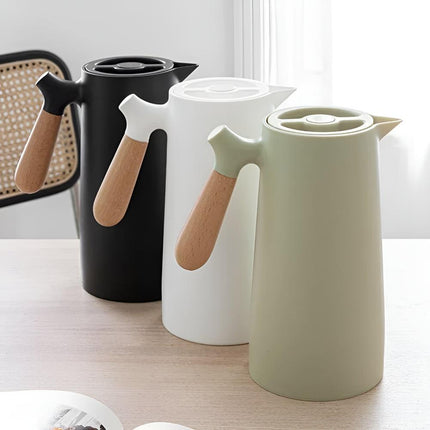 Insulated Thermal Carafe with Wood Handle for Hot & Cold Beverages | 1L Beverage Server for Daily Use