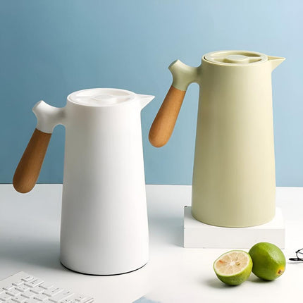 Insulated Thermal Carafe with Wood Handle for Hot & Cold Beverages | 1L Beverage Server for Daily Use