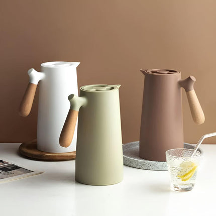 Insulated Thermal Carafe with Wood Handle for Hot & Cold Beverages | 1L Beverage Server for Daily Use