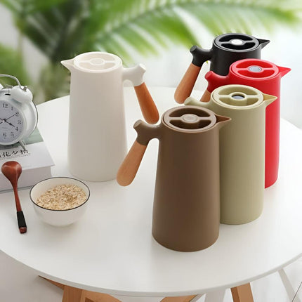 Insulated Thermal Carafe with Wood Handle for Hot & Cold Beverages | 1L Beverage Server for Daily Use