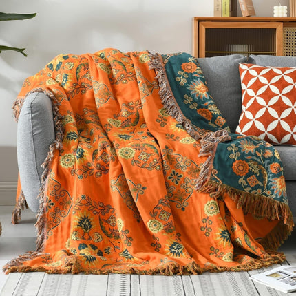 Reversible Cotton Throw Blanket with Floral Design | Cozy Multi-Use Cover for Sofa and Bed Comfort