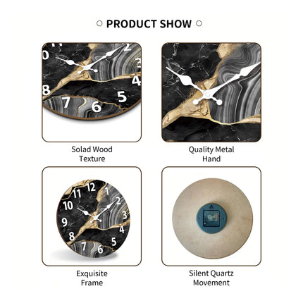 Round Wooden Wall Clock with Silent Quartz Mechanism | Stylish Marble Design for Living Room and Bedroom Decor