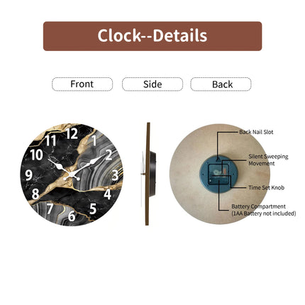 Round Wooden Wall Clock with Silent Quartz Mechanism | Stylish Marble Design for Living Room and Bedroom Decor