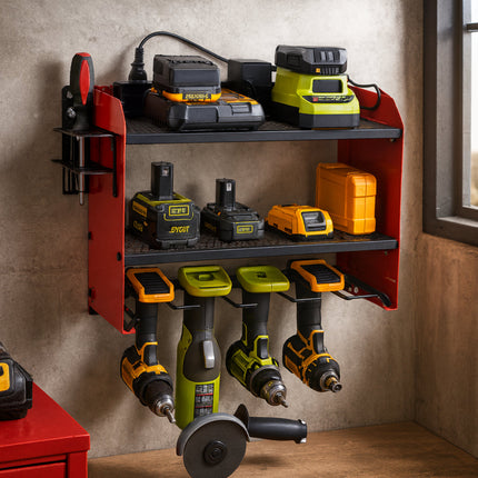 Wall-Mounted Tool Organizer with Built-In Power Station | Store 4 Drills & Accessories for Garage Efficiency