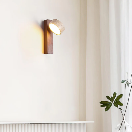 Travertine Wall Lamp with Walnut Wood Accent | Minimalist Sconce for Soft Downward Glow and Relaxing Atmosphere