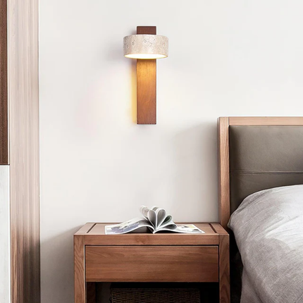 Travertine Wall Lamp with Walnut Wood Accent | Minimalist Sconce for Soft Downward Glow and Relaxing Atmosphere