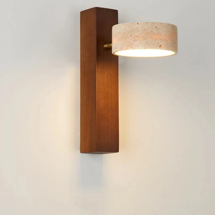 Travertine Wall Lamp with Walnut Wood Accent | Minimalist Sconce for Soft Downward Glow and Relaxing Atmosphere
