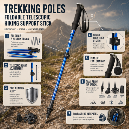 Foldable Telescopic Trekking Poles with Adjustable Height | Lightweight Support for Hiking and Outdoor Adventures