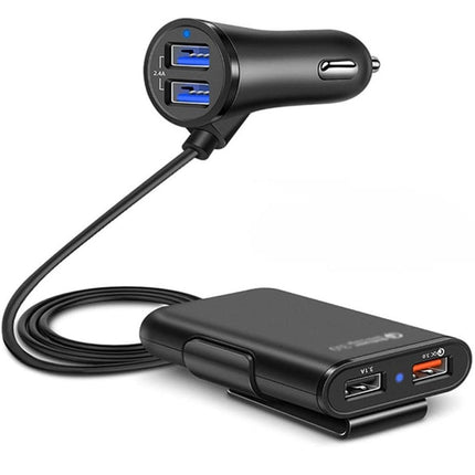 4 Port USB Car Charger with Front and Back Seat Ports, Charges 4 Devices at Once for Phones and Tablets, Black or White