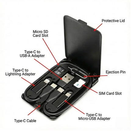 Universal Travel Cable Kit, USB-C Cable with Lightning, Micro-USB and USB-A Adapters, Credit Card Size Case, Black or White