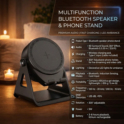 Bluetooth Speaker Phone Stand with Induction Charging | 5-in-1 Design for Hands-Free Viewing and Music Playback
