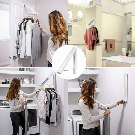 Wall Mounted Folding Clothes Drying Rack, Space Saving Laundry Hanger that Folds Flat, Mounting Hardware Included