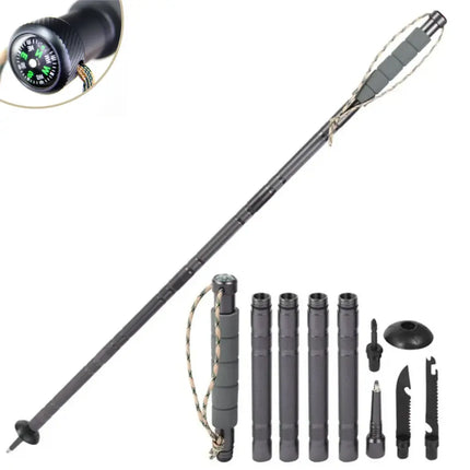 12 in 1 Tactical Trekking Pole with Adjustable Height, Multi Tool Hiking Staff with Compass, Whistle and Fire Starter