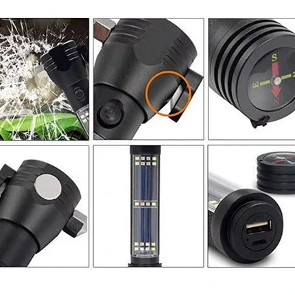 Emergency Solar Flashlight with USB Charging, Power Bank and Tungsten Steel Window Breaker, Multi Function Car Safety Tool