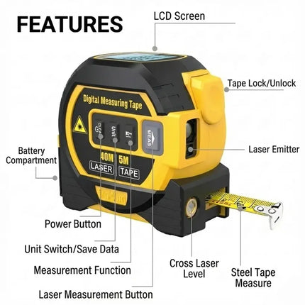 Laser Digital Measuring Tape with 3 Modes, 130 Ft Laser Distance Meter, Backlit LCD Screen and Cross Line Guide