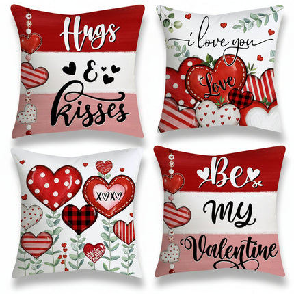 Valentine Heart Print Throw Pillow Covers Set of 4 | Soft Polyester Zippered Cushion Covers for Seasonal Home Decor