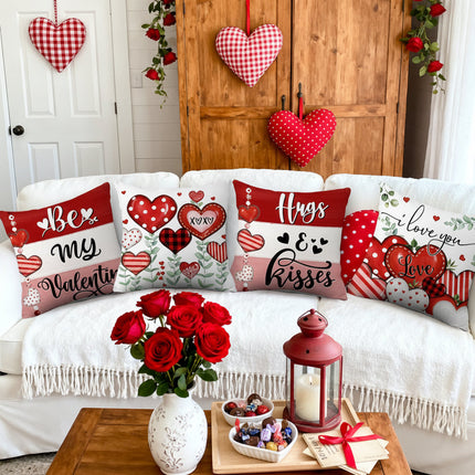 Valentine Heart Print Throw Pillow Covers Set of 4 | Soft Polyester Zippered Cushion Covers for Seasonal Home Decor