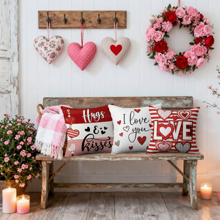 Valentine Heart Print Throw Pillow Covers Set of 4 | Soft Polyester Zippered Cushion Covers for Seasonal Home Decor