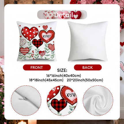 Valentine Heart Print Throw Pillow Covers Set of 4 | Soft Polyester Zippered Cushion Covers for Seasonal Home Decor