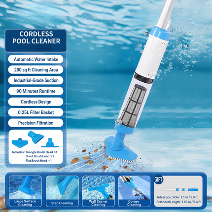 Cordless Rechargeable Pool Vacuum with Easy-Grip Handle | Effortless Cleaning for Pools, Spas, and Kiddie Pools