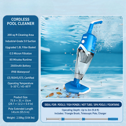 Cordless Rechargeable Pool Vacuum with Easy-Grip Handle | Effortless Cleaning for Pools, Spas, and Kiddie Pools