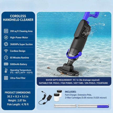 Cordless Rechargeable Pool Vacuum with Easy-Grip Handle | Effortless Cleaning for Pools, Spas, and Kiddie Pools