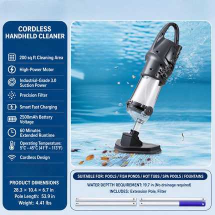 Cordless Rechargeable Pool Vacuum with Easy-Grip Handle | Effortless Cleaning for Pools, Spas, and Kiddie Pools