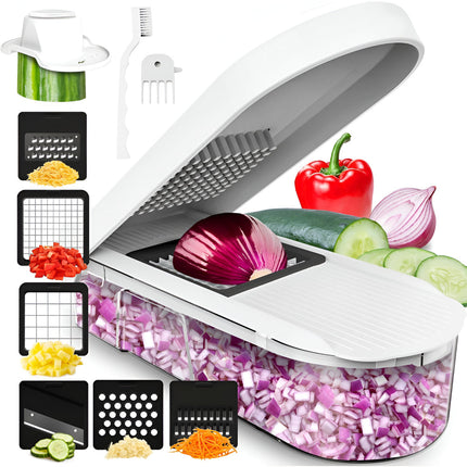 Manual Vegetable Chopper with 7 Interchangeable Blades | Safe Food Prep Tool for Slicing, Dicing, and More