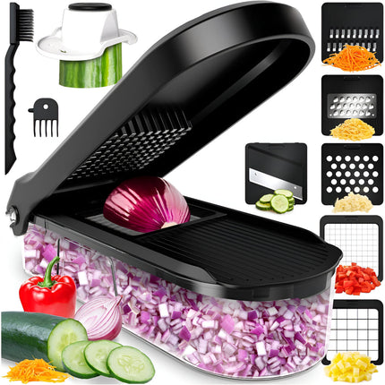 Manual Vegetable Chopper with 7 Interchangeable Blades | Safe Food Prep Tool for Slicing, Dicing, and More