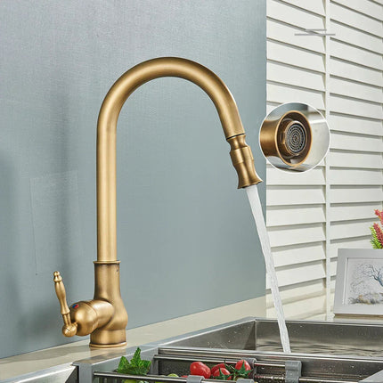 Vintage Brass Kitchen Faucet with Swivel Spout | Elegant Mixer for Easy Access and Temperature Control
