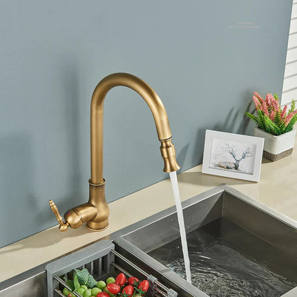 Vintage Brass Kitchen Faucet with Swivel Spout | Elegant Mixer for Easy Access and Temperature Control
