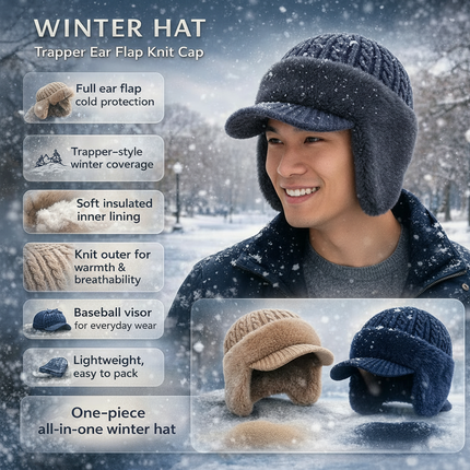 Winter Trapper Hat with Ear Flap Coverage | Lightweight Knit Cap for Cold Weather Protection