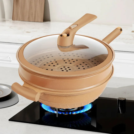 Nonstick Wok Pan with Built-In Steamer Basket | Healthy Cooking for Stir-Frying and Steaming