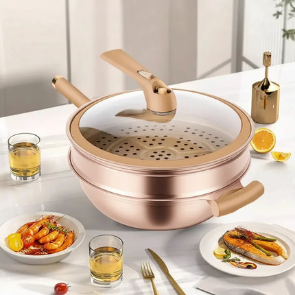 Nonstick Wok Pan with Built-In Steamer Basket | Healthy Cooking for Stir-Frying and Steaming