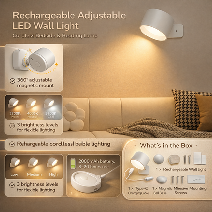 Rechargeable LED Wall Light with 360° Adjustable Magnetic Mount | Customizable Lighting with Three Brightness Levels