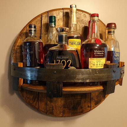 Wall Shelf Barrel Timber Display Unit with Curved Design | Round Wall-Mounted Organizer for Bottles and Decor