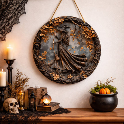 Witch Folklore Wall Art Door Hanging Sign with Layered Design | Seasonal Decor for Entryways and Themed Events