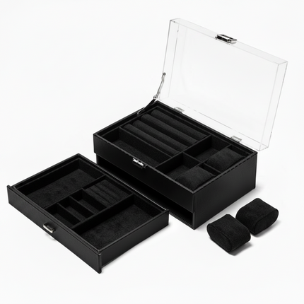 Watch Box Organizer with Drawer and Clear Glass Lid | Elegant 2-Layer Storage for 6 Watches and Jewelry Accessories