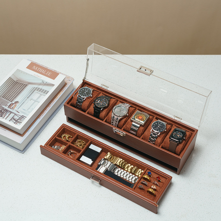 Watch Box Organizer with Drawer and Clear Glass Lid | Elegant 2-Layer Storage for 6 Watches and Jewelry Accessories