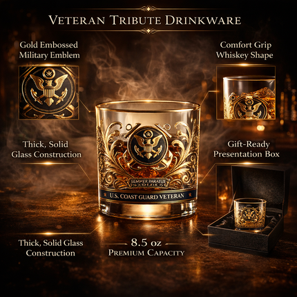 Whiskey Glass with Gold Embossed Military Veteran Emblem | Gift-Ready Tribute Drinkware for Toasting and Celebrations