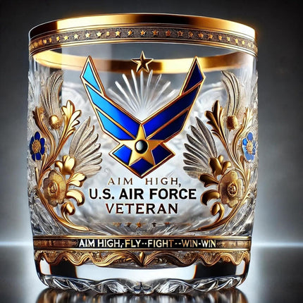 Whiskey Glass with Gold Embossed Military Veteran Emblem | Gift-Ready Tribute Drinkware for Toasting and Celebrations